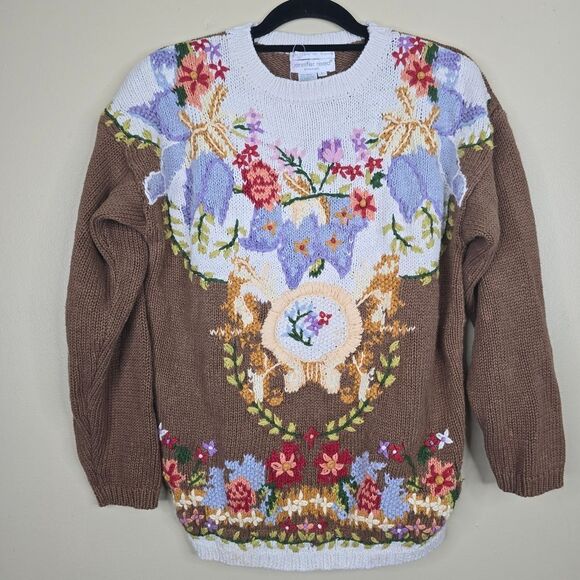 Jennifer Reed Hand Knit Floral Embellished Cotton Blend Sweater Size L - Picture 1 of 8